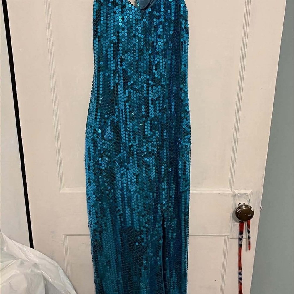 Blue Sequin Halter Prom Dress